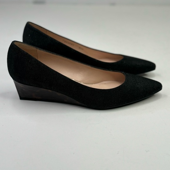 Stuart Weitzman black textured pointed toe wedges tortoise shell heel 8.5 - Picture 2 of 11